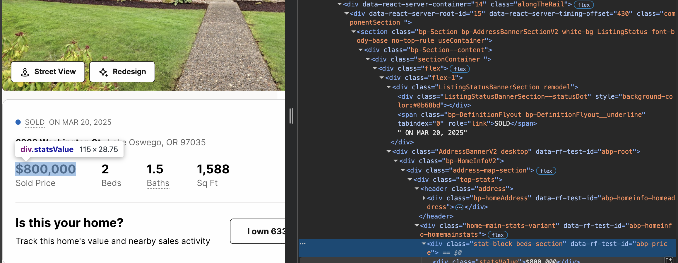 Inspecting Redfin's page structure with browser developer tools